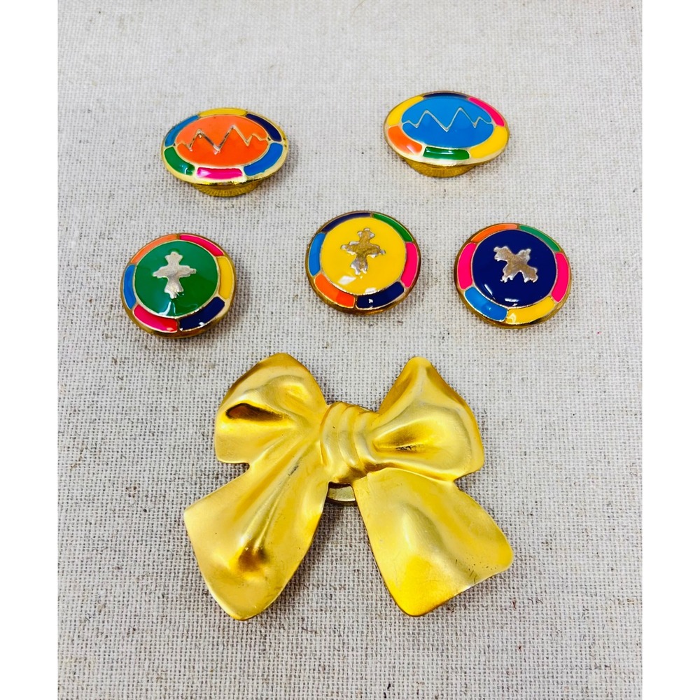 Vintage NONY New York Gold Tone Bow & Multicolor Enamel Button Covers Set of 6